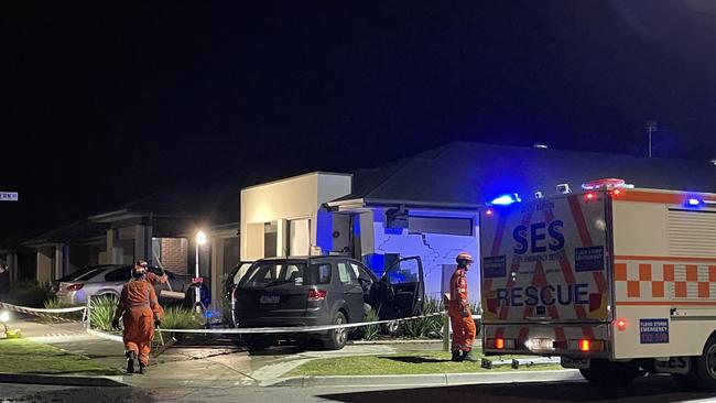 A Ford SUV slammed into a house on the corner of Eaglebay Rd and Shipstern St in Armstrong Creek. Picture: Luke Griffiths.