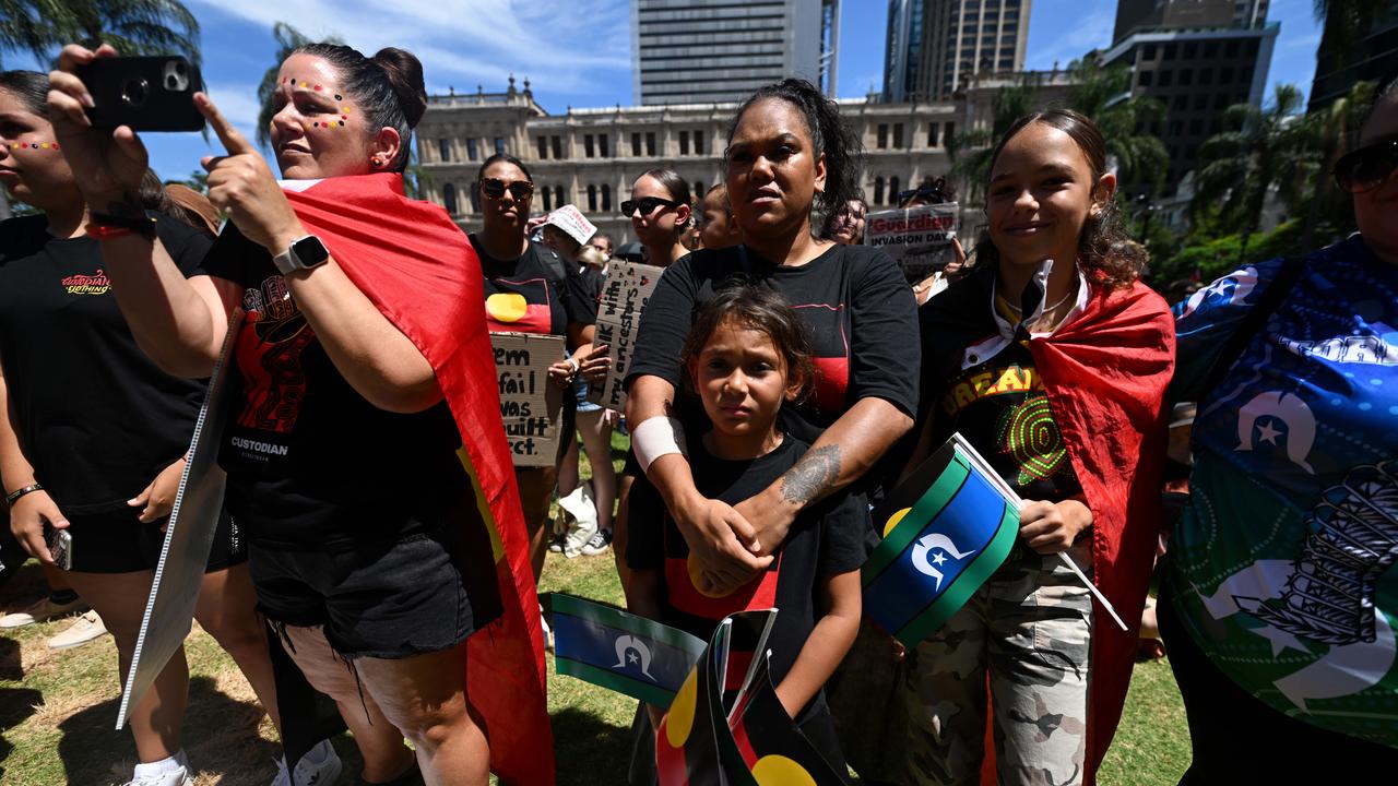 Thousands gather in Brisbane’s Musgrave Park for an Invasion Day protest. Picture: Dan Peled