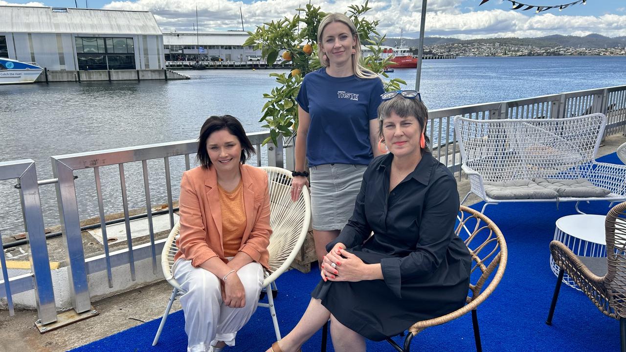 Frances Hutchinson Tasman Hotel marketing director, Katharine Dean festival general manager and Jo Cooke festival curator at Tasman Yacht Club on Sunday. Picture: Bridget Clarke