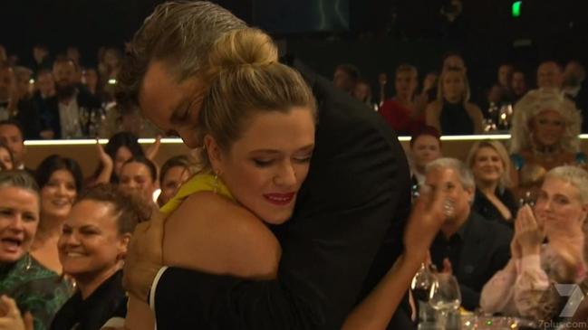 Harriet Dyer is congratulated by her husband Patrick Brammall when named Most Outstanding Actress at last weekend’s Logie Awards. Picture: Channel 7