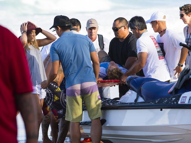 Bede Durbidge after being injured in a wipeout at the Billabong Pipe Masters.