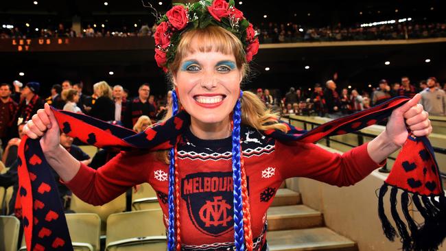 Passionate Melbourne fan Ally Warren at the semi-final. Picture: Tony Gough