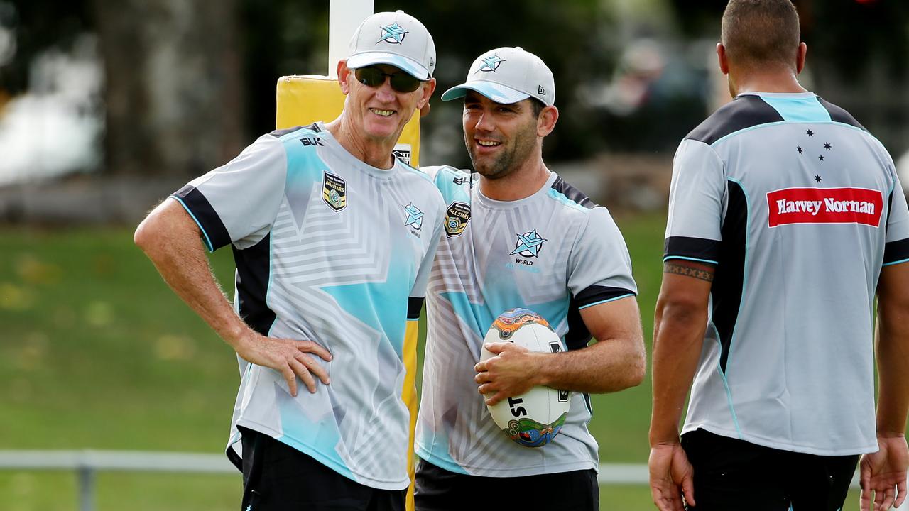 Wayne Bennett and Cameron Smith at an NRL All stars training session. Pic Mark Calleja
