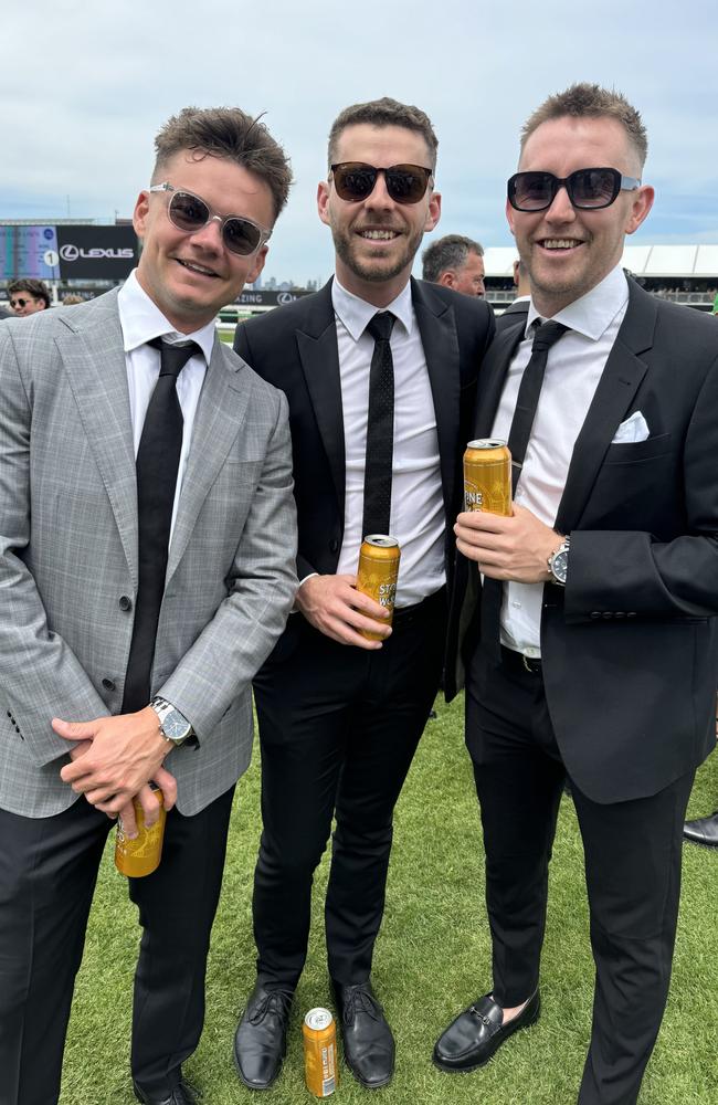 Kyle Gildea, Nick Braun and Kieran Braun at Flemington for Derby Day on November 2, 2024. Picture: Phillippa Butt