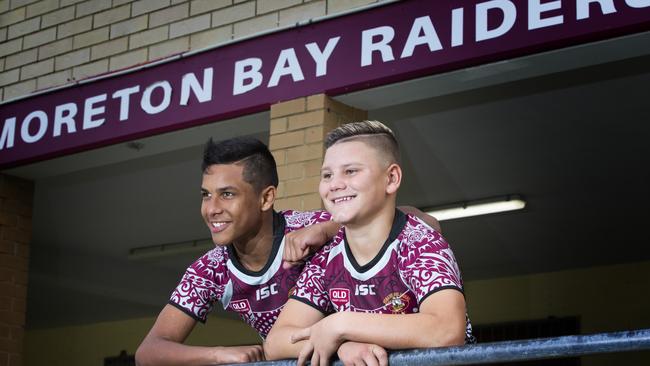 Two of the Moreton Bay Rugby League Club juniors, Mereki Warradoo and Charlie Dickson, who have come through the system. (AAP Image/Renae Droop)