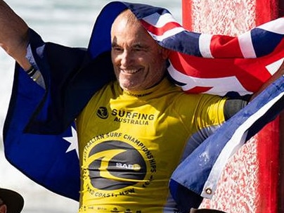 Jason Livingston from Curl Curl after winning one of his two titles at the Australian Surf Championships. Pic: Surfing Australia