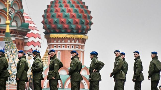 Russian soldiers in Red Square ahead of the ceremony to incorporate the annexed territories into Russia. Picture: AFP.