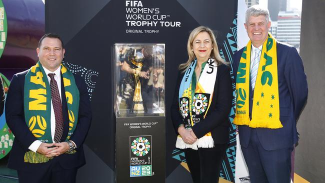 Football Australia chairman James Johnson, Queensland Premier Annastacia Palaszczuk and Queensland Sports Minister Stirling Hinchliffe. Picture: Tertius Pickard