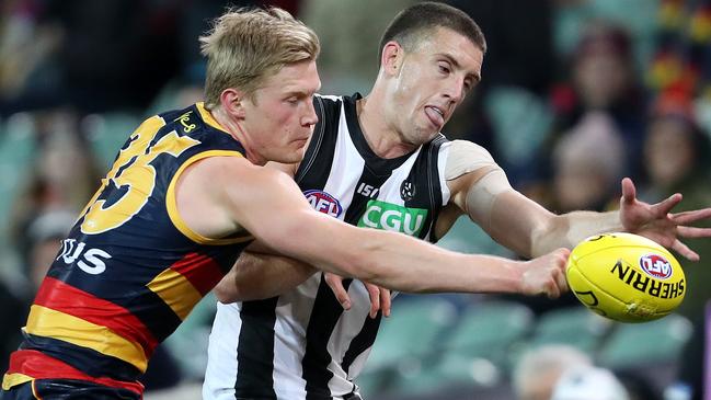 Fischer McAsey and Collingwood's Darcy Cameron last season. Picture: Sarah Reed