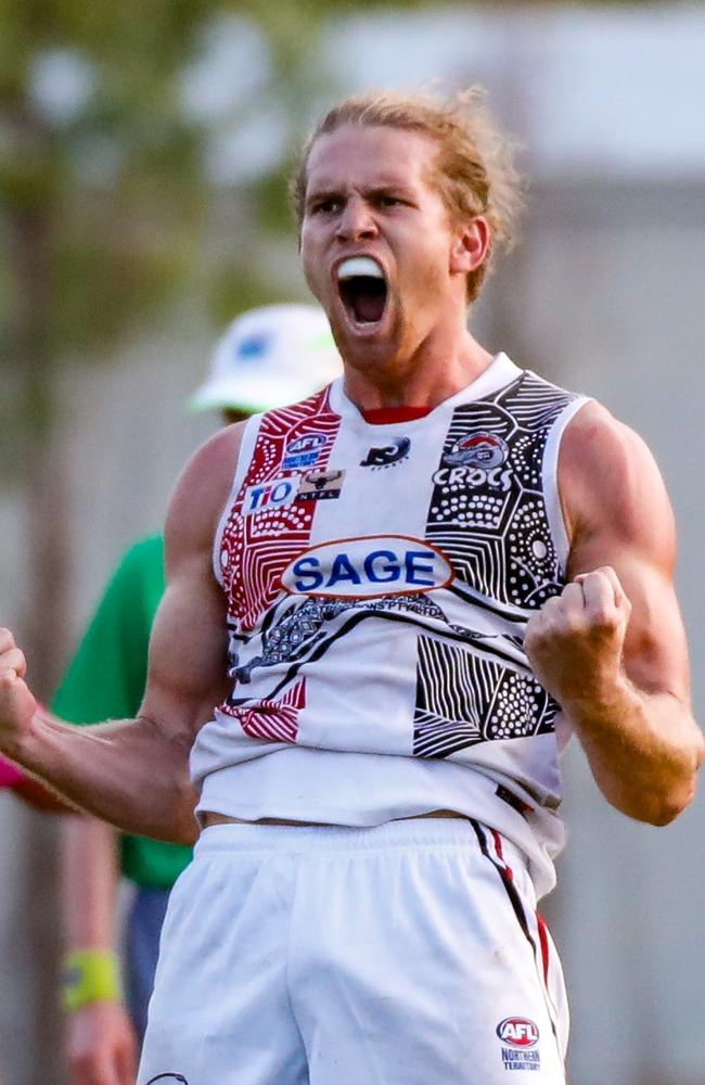 Jed Anderson celebrates for Southern Districts in the 2023-24 NTFL season. Picture: Celina Whan / AFLNT Media