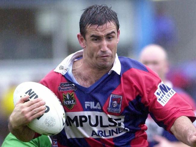 29/07/2001. Newcastle rugby league player Andrew Johns about to score his third. Newcastle Knights v Canberra Raiders at Marathon Stadium.