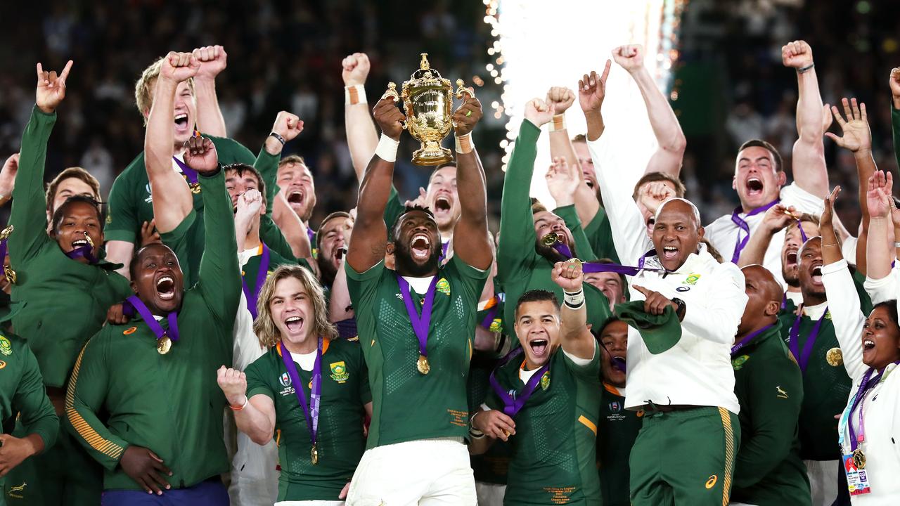 Siya Kolisi of South Africa lifts the Rugby World Cup in Yokohama.