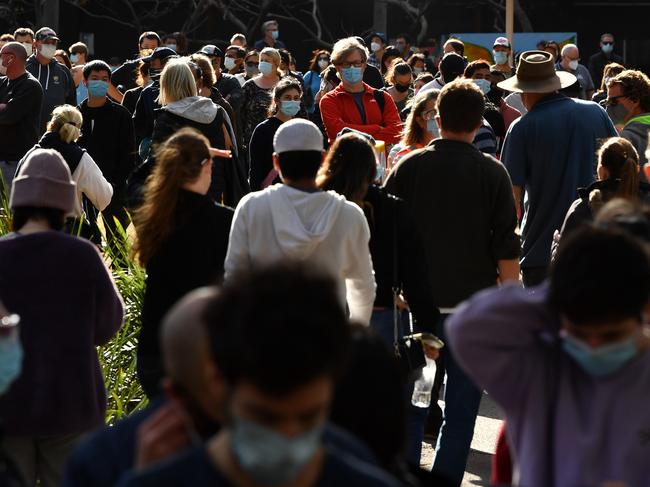 Members of the public line up at the mass vaccination hub at Olympic Park in Sydney. Picture: NCA NewsWire/Joel Carrett