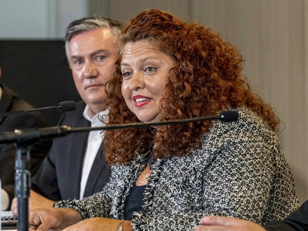 Eddie McGuire, Jodie Sizer during the “Do Better” report announcement. Picture: Jake Nowakowski