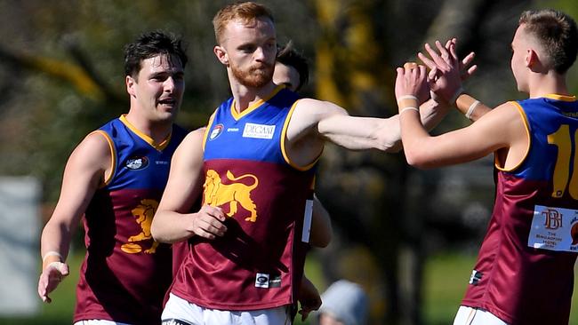 Jake Potter celebrates a goal for South Morang. Picture: Andy Brownbill