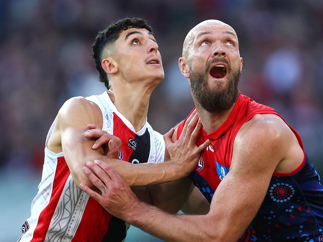Anthony Caminiti and Max Gawn compete in the ruck on Sunday. Picture: Quinn Rooney/Getty Images.
