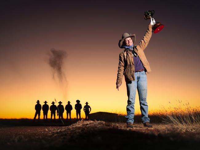 Eva Downs station operations officer Addy Morrison and the Lexus Melbourne Cup trophy east of Tennant Creek in the Northern Territory. Picture: Alex Coppel