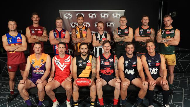 GDFL season launch Football and Netball Football captains . From Left Back Row : Brent Vermeulen Belmont , vice captain Tim McLennan East Geelong , Jack Yates Bell Post Hill , Jack Fiolet Inverleigh ,Zac Schwennesen Nth Geelong , Josh Viney and Justin Carey Geelong West Giants , Daryl Chesterman Werribee centrals. From Left Front Row :Travis McGuire Thomson , Joel Bennett Corio , Tristan Battaglia Bannockburn , Mason Rhodes Anakie , Tom Stephenson and Brenton Rees Winchelsea , Picture: Mark Wilson