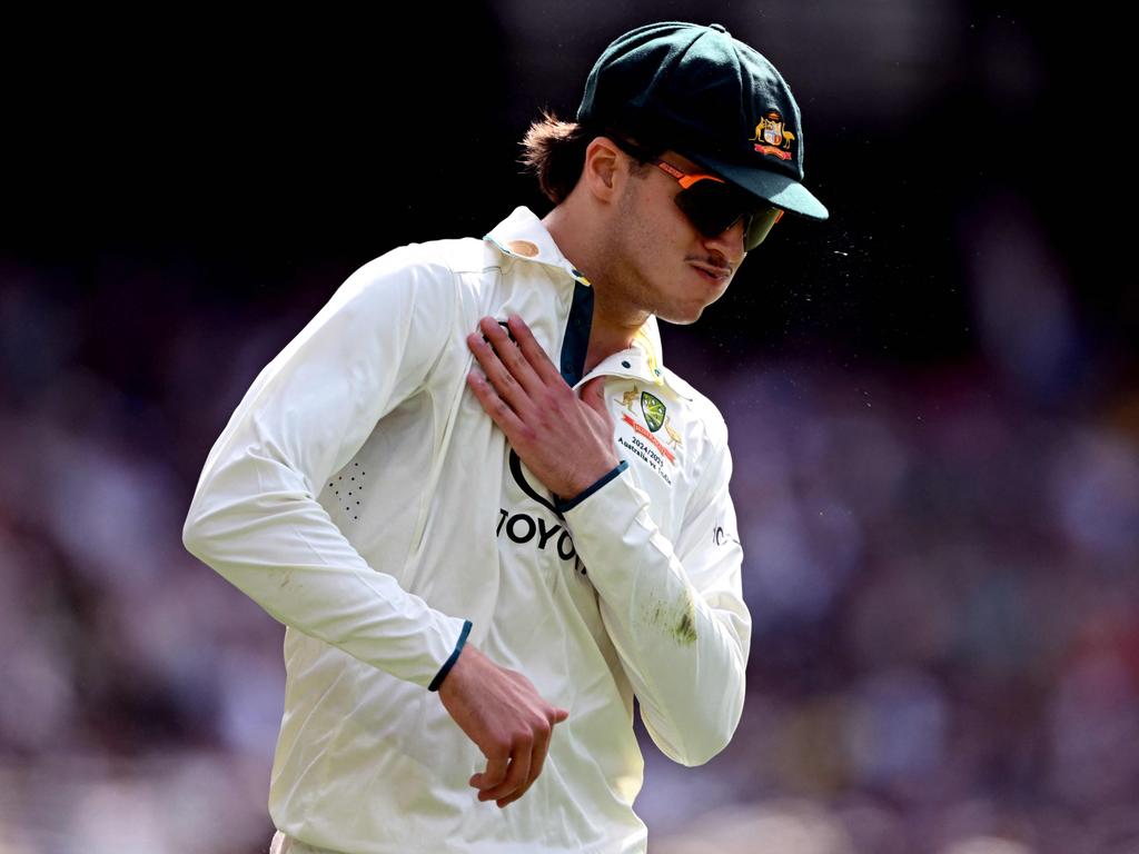 Australia's Sam Konstas re-enacts his shoulder charge with India's Virat Kohli.-