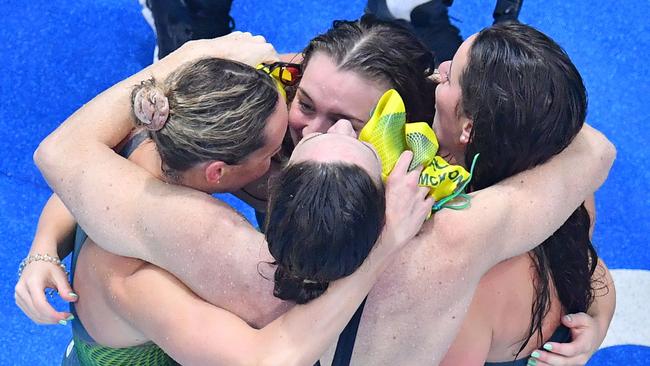 Australia's Emma McKeon, Chelsea Hodges, Kaylee McKeown and Cate Campbell after winning the 4x100m medley relay gold medal. Picture: AFP