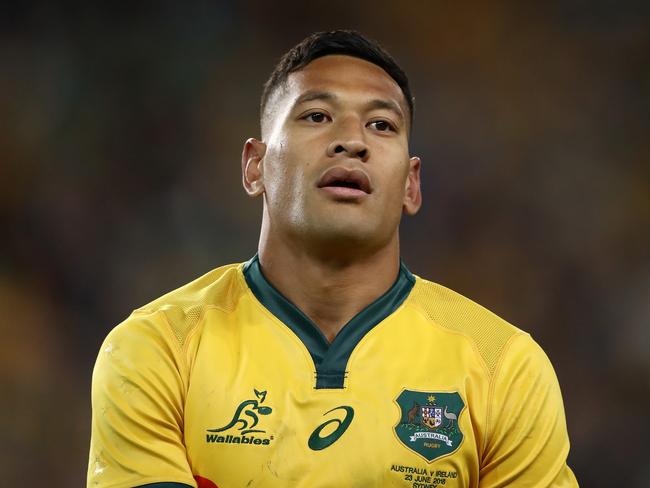 SYDNEY, AUSTRALIA - JUNE 23: Israel Folau of the Wallabies is sent to the sin bin during the Third International Test match between the Australian Wallabies and Ireland at Allianz Stadium on June 23, 2018 in Sydney, Australia.  (Photo by Cameron Spencer/Getty Images)