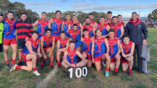 Lockleys star Ben Haren after kicking 100 goals this season. Haren came up big for the Demons in their close win over Hectorville. Picture: Lockleys Football Club