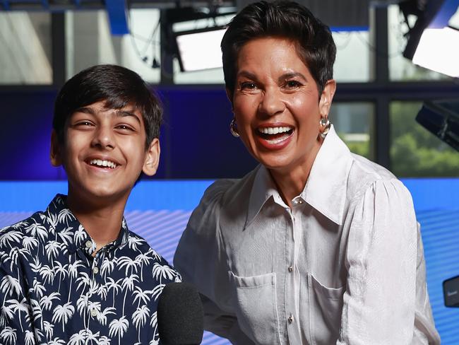 Daily Telegraph. 30, January, 2023.Junior journo Aditya Paul with Studio 10 presenter Narelda Jacobs, at Network 10, in Pyrmont, today.Kids News is launching the search for Australia's best young newshound with the launch of our Junior Journalist competition. Picture: Justin Lloyd.