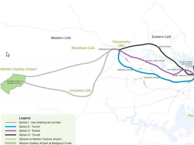 A map of the fast rail connecting Parramatta to the proposed Western Sydney Airport at Badgerys Creek and Sydney CBD, included in the Western Sydney Airport Fast Train Discussion Paper by Parramatta Council and Sydney Business Chamber, Western Sydney.