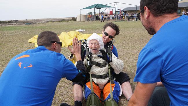 On the ground — a successful jump and back in the record books. Picture: SA Skydiving / Bryce Sellick &amp; Matt Teager