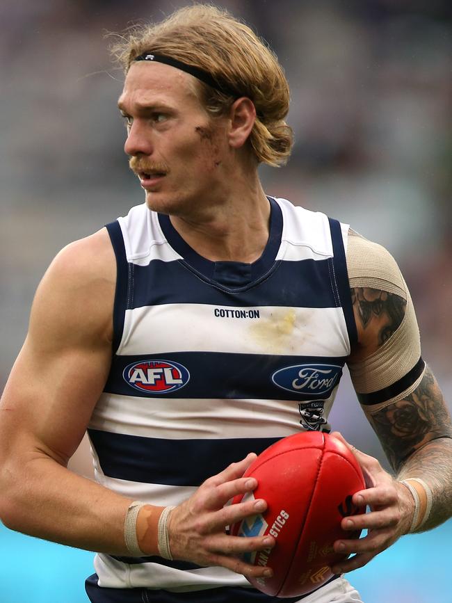 Will Geelong’s Tom Stewart earn back-to-back All-Australian jumpers? Picture: Paul Kane/Getty