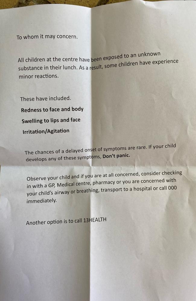 A letter given to parents of children at the centre.