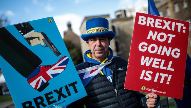 Anti-Brexit protester Steve Bray demonstrates outside the House of Parliament in March 2019. Picture: Jack Taylor, via Getty Images