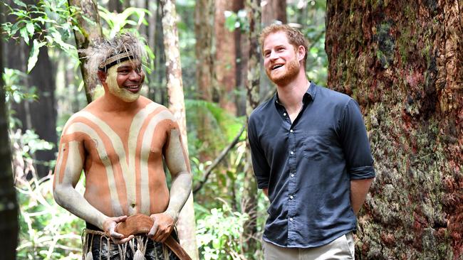 The Duke of Sussex is seen with Fred Bulanyu Leone at Pile Valley on Fraser Island. Picture: AAP