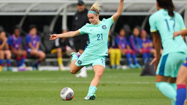 PERTH, AUSTRALIA - OCTOBER 29: Ellie Carpenter of the Matildas takes a shot at goal during the AFC Women's Asian Olympic Qualifier match between Philippines and Australia Matildas at Optus Stadium on October 29, 2023 in Perth, Australia. (Photo by James Worsfold/Getty Images)