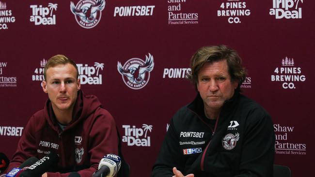 Daly Cherry-Evans and Des Hasler had to front the media on Tuesday. Picture: NCA NewsWire/Gaye Gerard