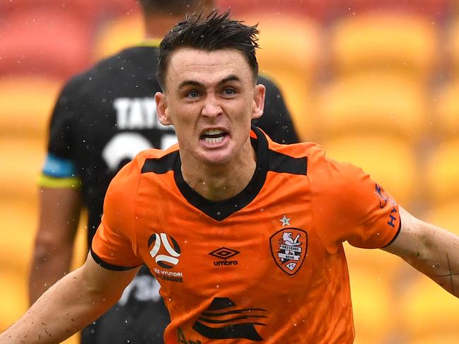 Dylan Wenzel-Halls of the Roar celebrates scoring a goal during the Round 15 A-League match between Brisbane Roar FC and Wellington Phoenix at Suncorp Stadium in Brisbane, Saturday, January 18, 2020. (AAP Image/Darren England) NO ARCHIVING, EDITORIAL USE ONLY