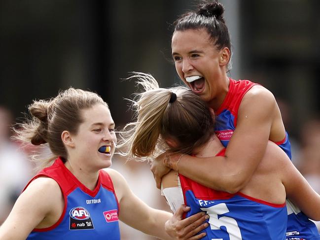 MELBOURNE, AUSTRALIA - FEBRUARY 09: Bailey Hunt of the Western Bulldogs celebrates a goal during the round one AFLW match between the St Kilda Saints and the Western Bulldogs at RSEA Park on February 09, 2020 in Melbourne, Australia. (Photo by Darrian Traynor/Getty Images)