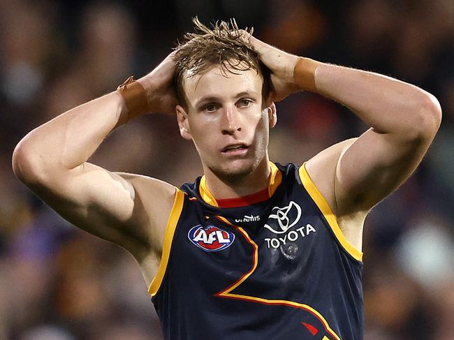 Adelaide's Jordan Dawson  after missing a goal during the AFL Gather Round match between the Adelaide Crows and Melbourne Demons at the Adelaide Oval on April 4, 2024. Photo by Phil Hillyard(Image Supplied for Editorial Use only - **NO ON SALES** - Â©Phil Hillyard )