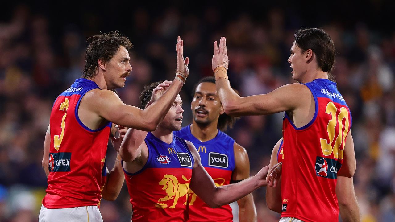 Either Joe Daniher (left) and Eric Hipwood (right) could be asked to play a defensive role for the Lions on Saturday. Picture: Sarah Reed/AFL Photos via Getty Images)