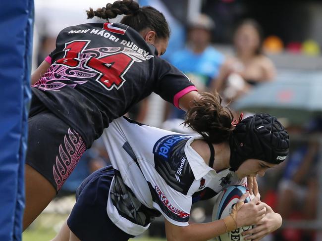 Action at the 2023 Pacifika youth rugby cup at Whalan reserve.Under 14 girls Moaris v BarbariansPicture: Warren Gannon Photography.