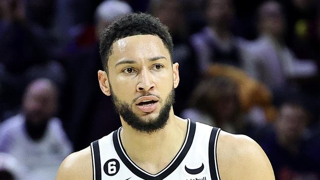 PHILADELPHIA, PENNSYLVANIA - JANUARY 25: Ben Simmons #10 of the Brooklyn Nets looks on during the first quarter against the Philadelphia 76ers at Wells Fargo Center on January 25, 2023 in Philadelphia, Pennsylvania. NOTE TO USER: User expressly acknowledges and agrees that, by downloading and or using this photograph, User is consenting to the terms and conditions of the Getty Images License Agreement. (Photo by Tim Nwachukwu/Getty Images)