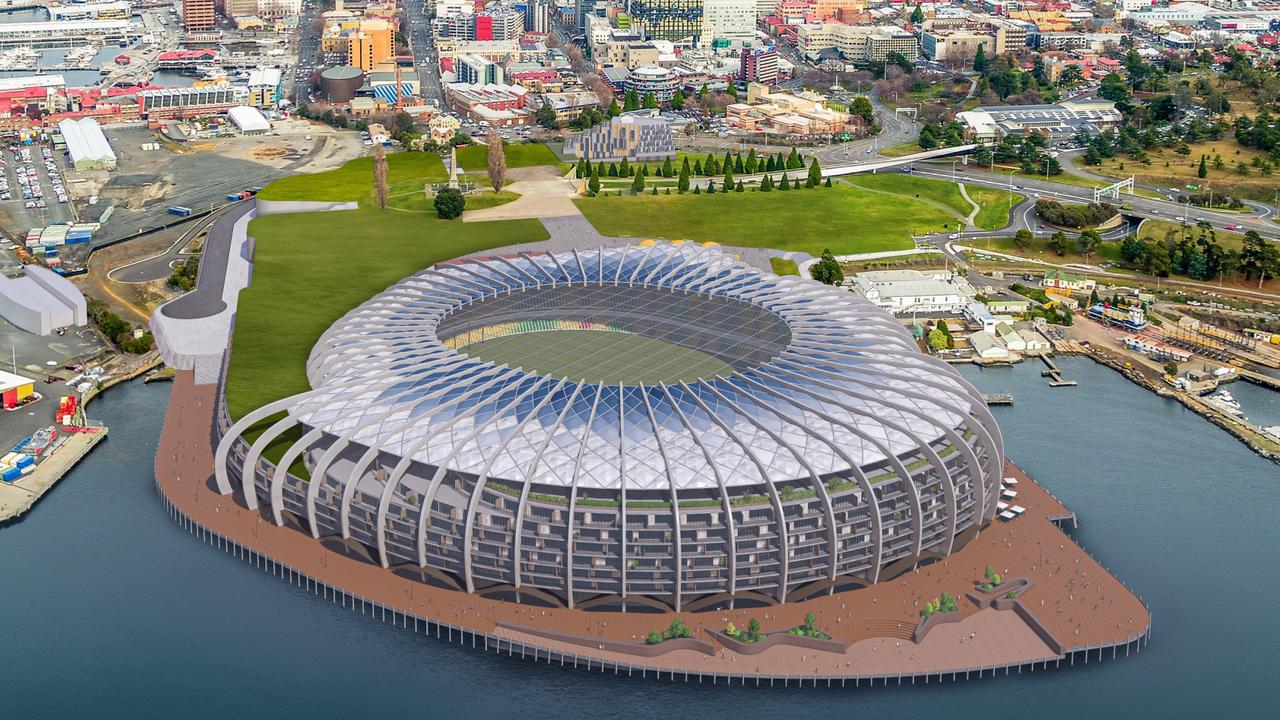 Concept drawings of a new design for a Macquarie Point Stadium by the Stadia Precinct Consortia led by Dean Coleman and Paul Lennon. Picture: SolutionsWon