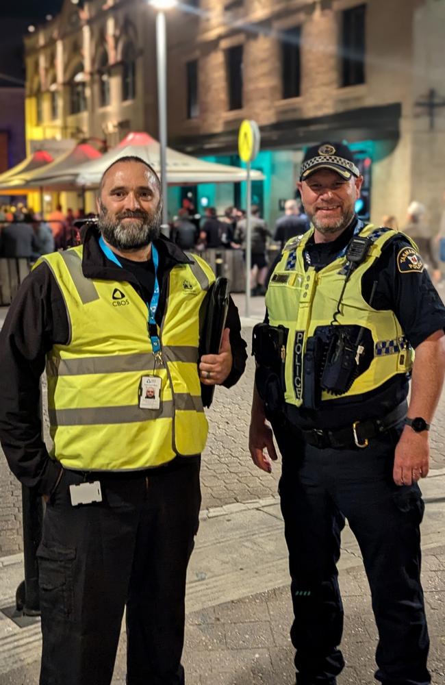 Tasmania Police compliance officers in Salamanca ensuring night venues are doing the right thing. Picture: Tasmania Police