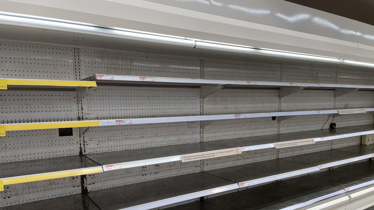 Reminiscent of panic buying at the beginning of the pandemic, coles in Shepparton is quickly clearing of many essential items, including milk. Picture: Gemma Scerri