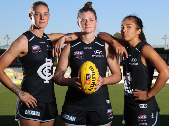 Tayla Harris, Bri Davey and Darcy Vescio at Ikon Park. Picture: ALEX COPPEL 