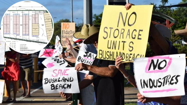 Protesters rallying against Brisbane-based developers Parmac Property Group’s plans for a 145 unit self-storage facility on an 8165sqm vacant block in a low-density residential zone at 5 Goicoechea Drive in Bushland Beach, Townsville. Picture: Supplied