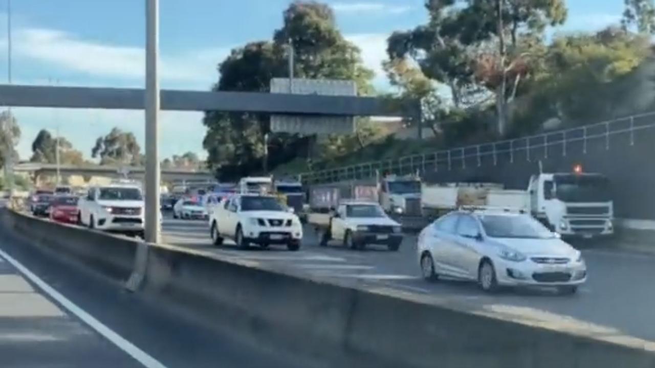 The trucks were pulled over by police about 8.30am. Picture: Twitter/@paul_dowsley