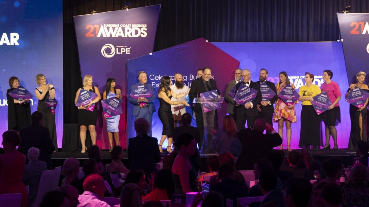 The 2021 winners take to the stage at the Sunshine Coast Business Awards at the Novotel on November 13. Picture: Barry Alsop