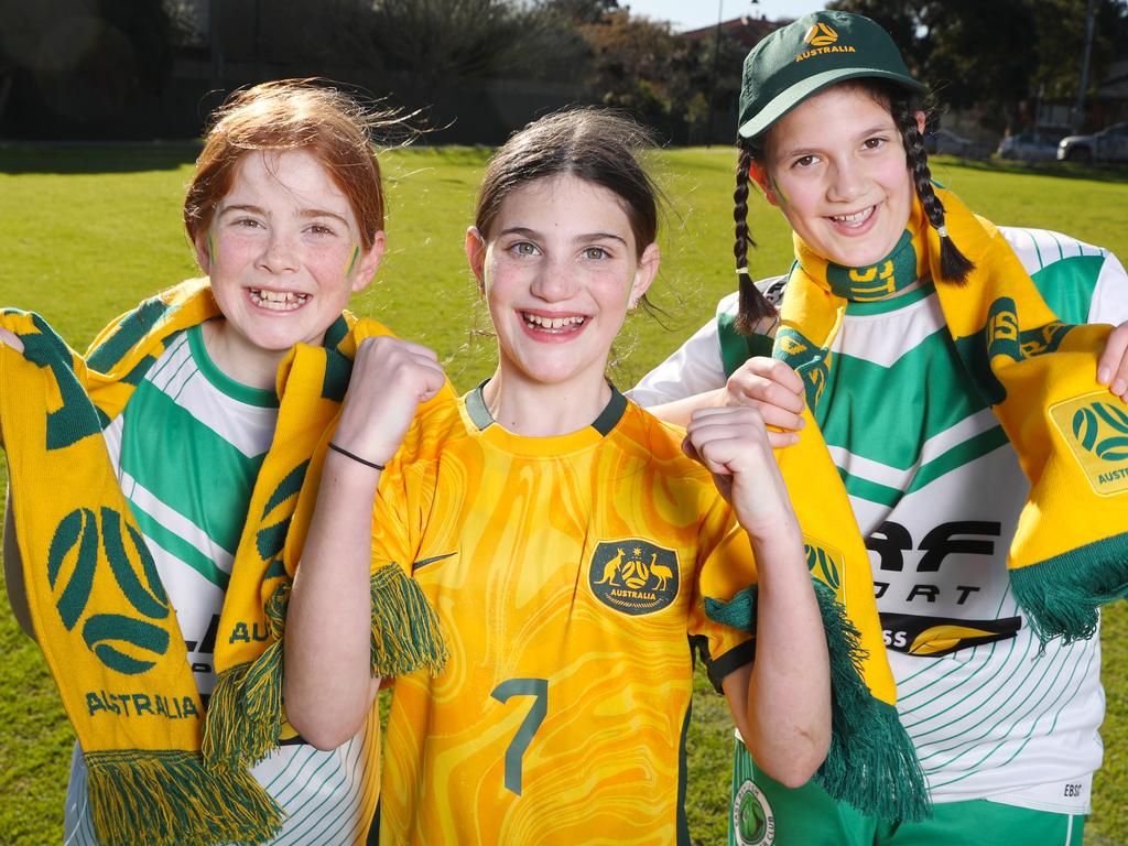 Girls from the Strikers soccer team in Bentleigh East where Steph Catley played as a kid. L to R Emma Janson, Maya Geller and Kate Shizas. Sunday, July 30, 2023. Picture: David Crosling