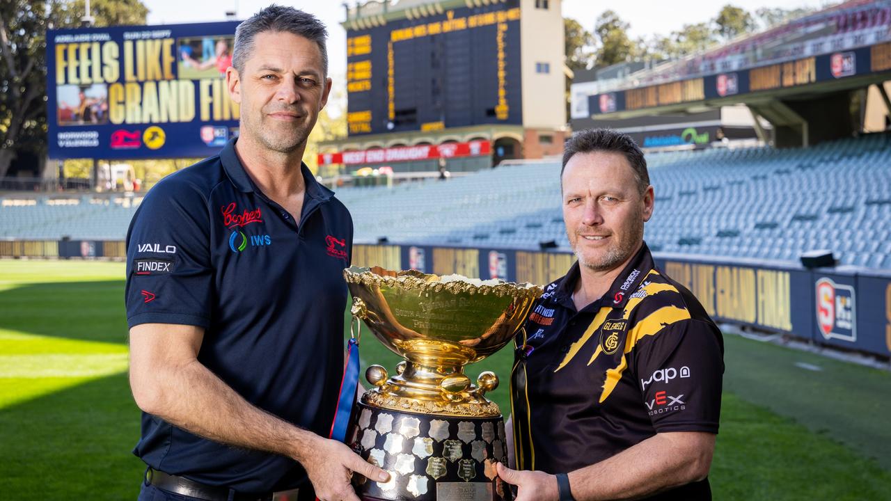 Norwood coach Jade Rawlings (left) and Glenelg coach Darren Reeves with the Thomas Seymour Hill premiership trophy at Adelaide Oval before the two clubs lock horns in Sunday’s SANFL grand final. Picture: James Elsby/SANFL